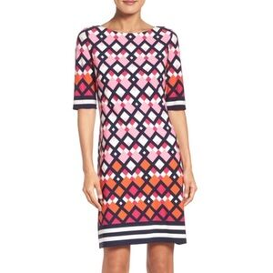 Eliza J Geometric Print Knee Length Quarter Sleeve Shift Dress Size 8